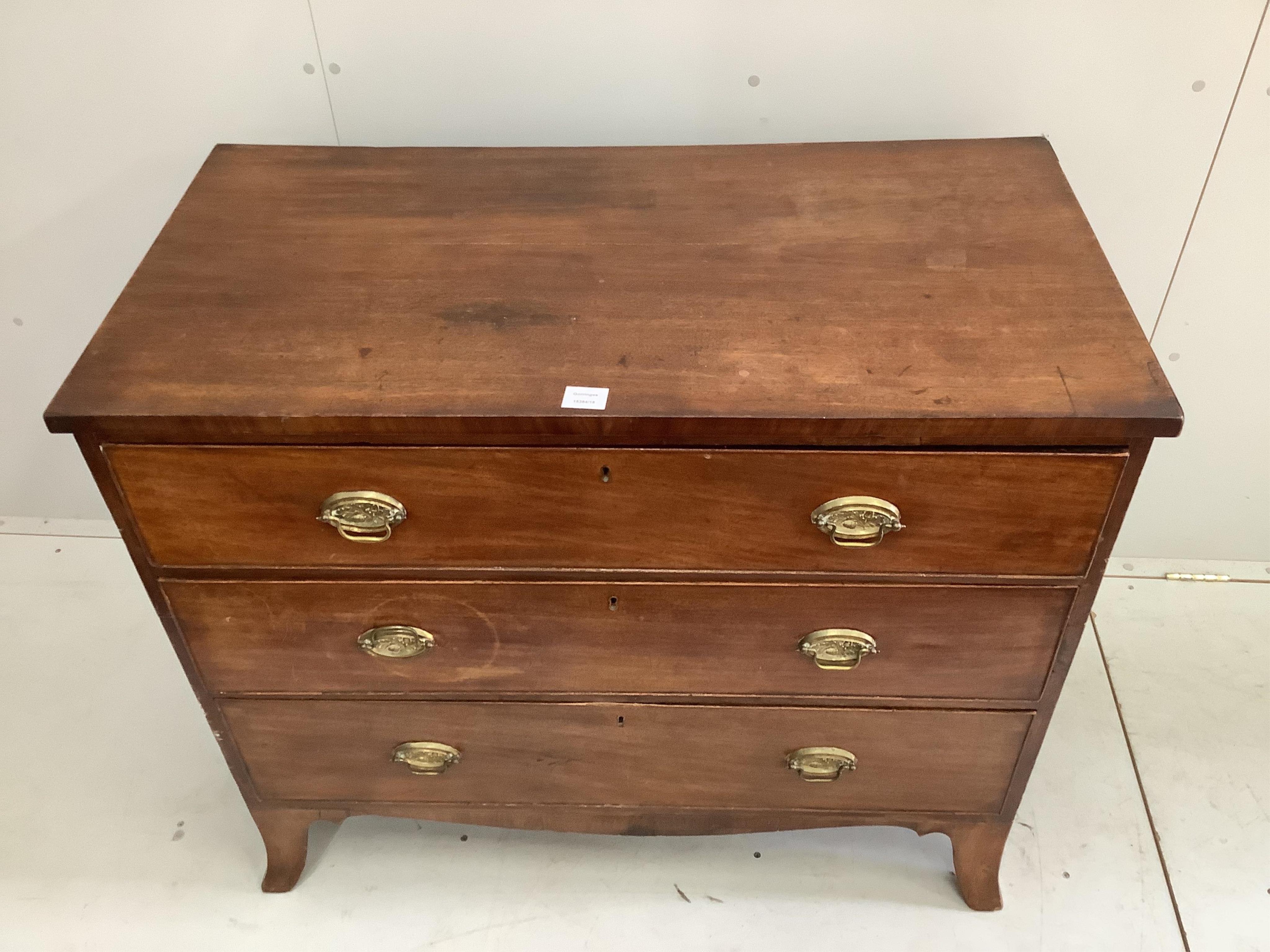 A Regency mahogany three drawer chest, width 103cm, depth 54cm, height 89cm. Condition - poor to fair